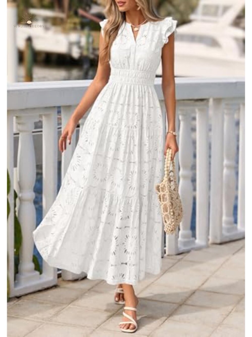 Women's Boho Eyelet Lace Maxi Dress V-Neck Flutter Sleeve Fit & Flare - Picture 5 of 6